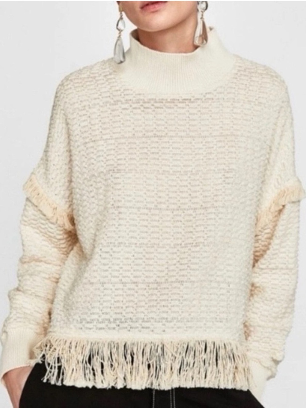 Zara Cream Fringe Turtleneck Sweater